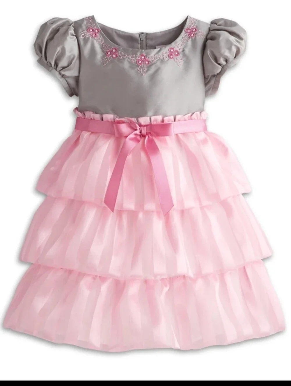 American Girl Bitty Baby Girl Twirly Tiered Dress Gray Pink Size 3 Toddler